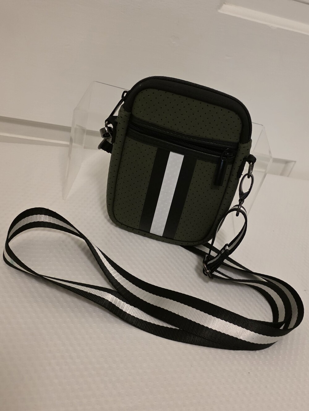 HAUTE SHORE Olive Green Casey Crossbody Pouch with Black & White Stripe, Fun